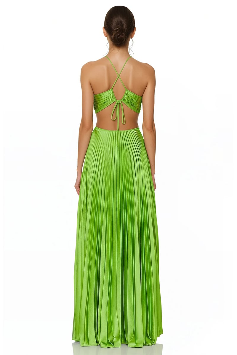 Elvira Pleated Satin Halter Maxi Dress | Jewelclues #color_lime green