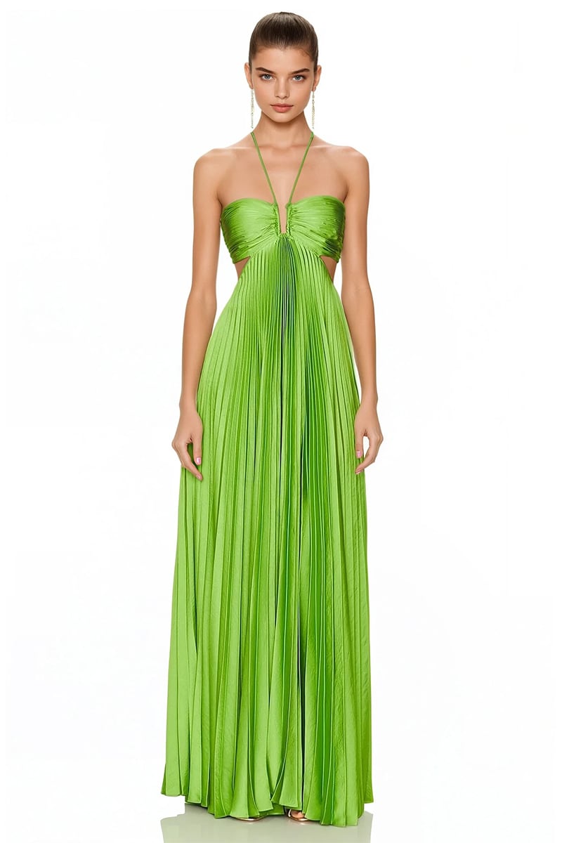 Elvira Pleated Satin Halter Maxi Dress | Jewelclues #color_lime green