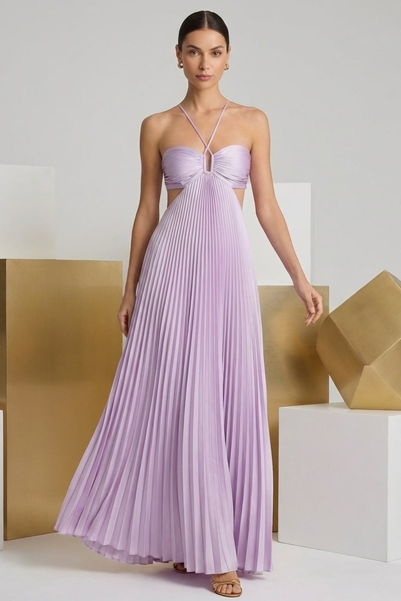 Elvira Pleated Satin Halter Maxi Dress | JewelClues #color_lilac