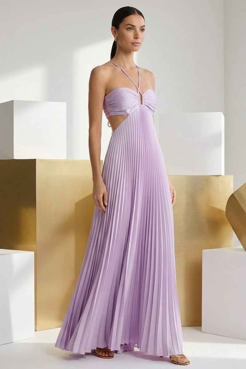 Elvira Pleated Satin Halter Maxi Dress | JewelClues #color_lilac