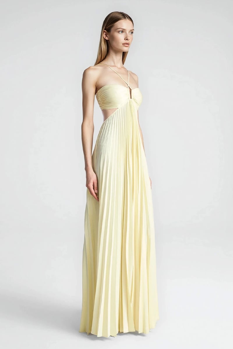 Elvira Pleated Satin Halter Maxi Dress | Jewelclues #color_cream