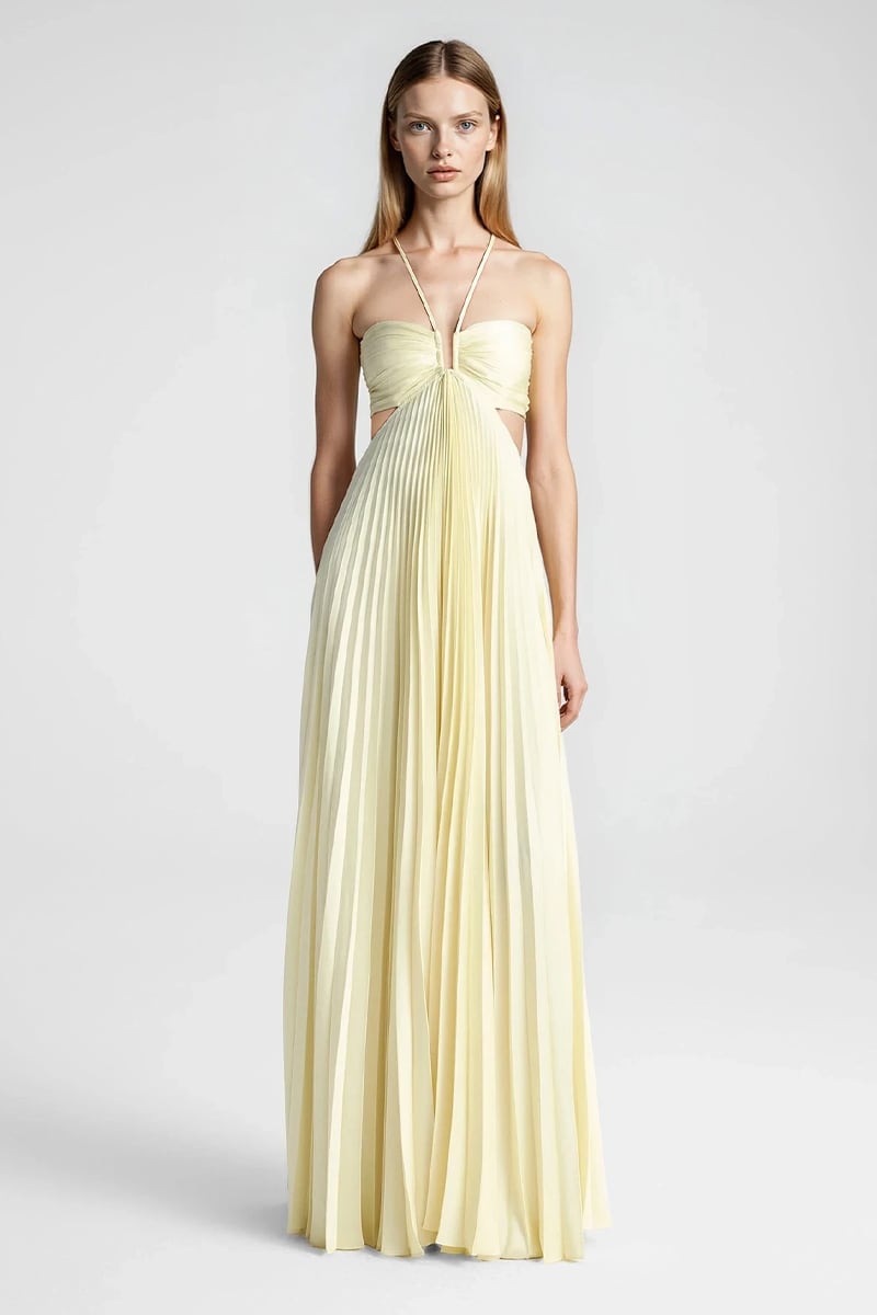 Elvira Pleated Satin Halter Maxi Dress | Jewelclues #color_cream