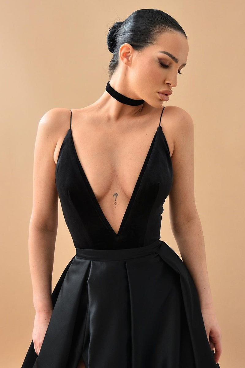 Evening Glamour Black Satin Backless Gown | Jewelclues