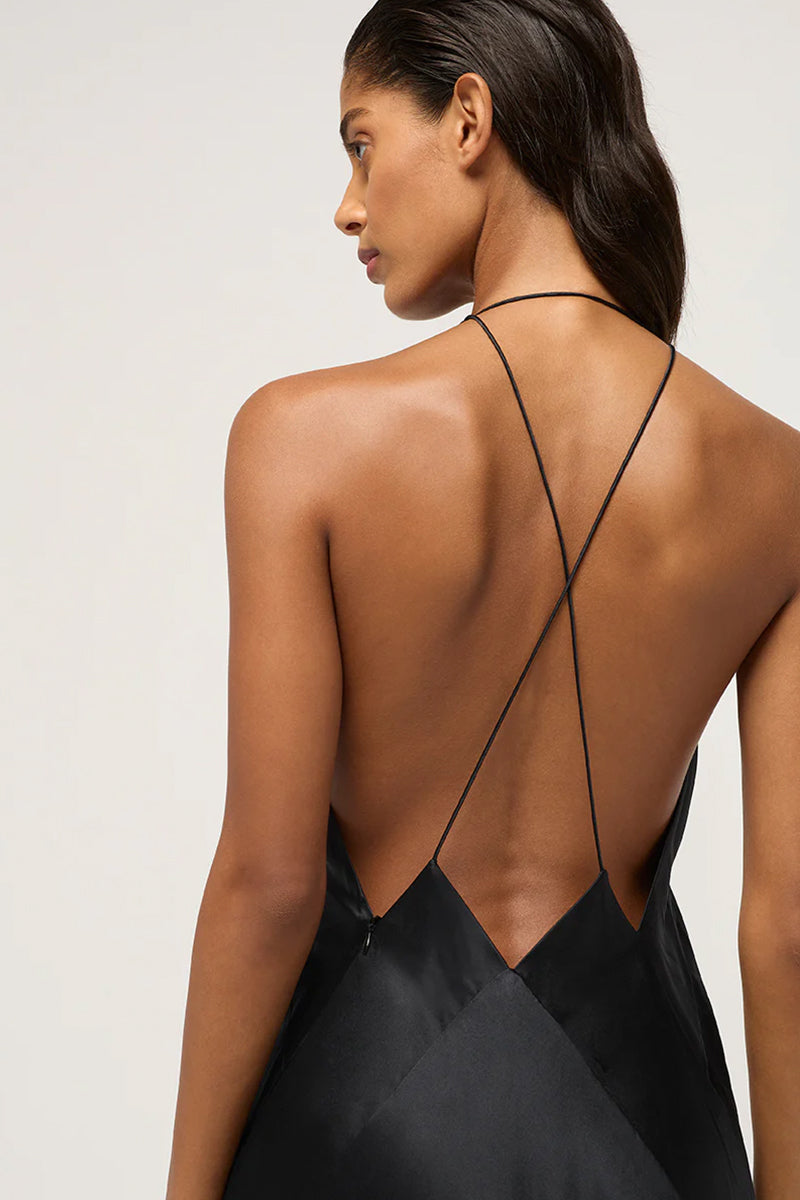 Evianna Backless Satin Maxi Dress | Jewelclues | #color_black
