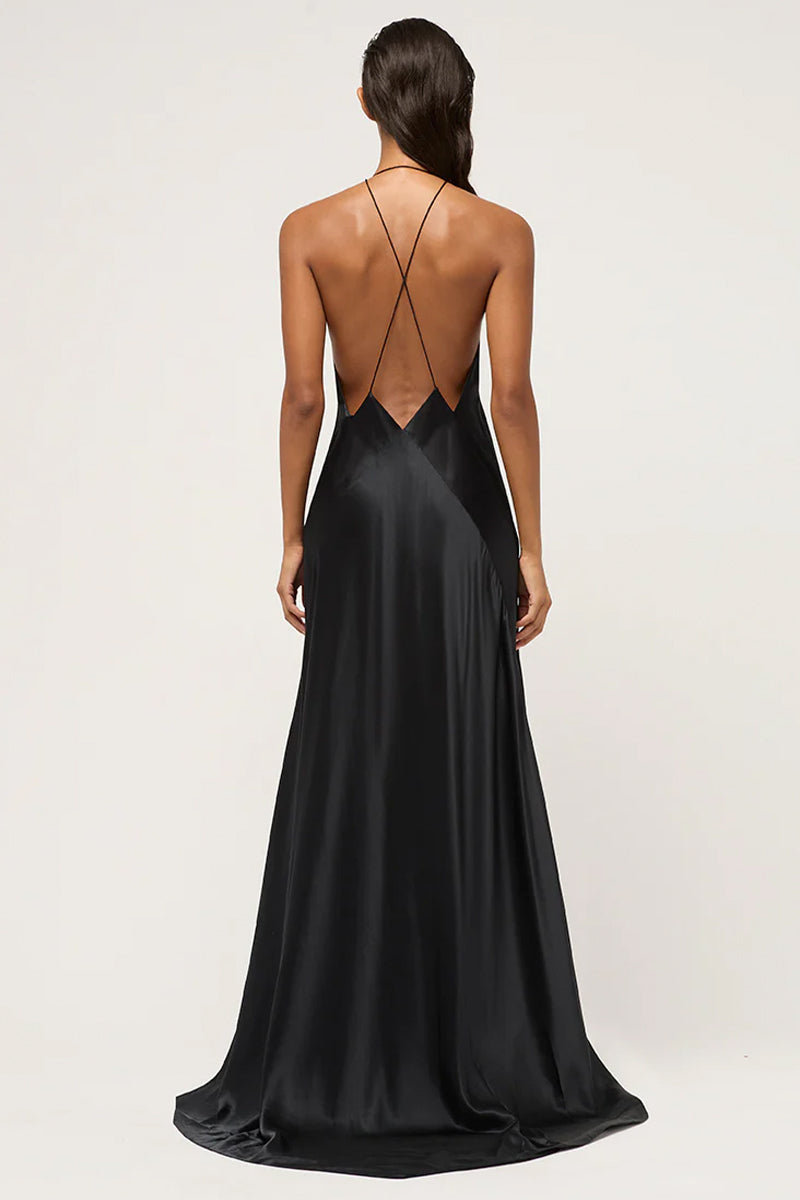 Evianna Backless Satin Maxi Dress | Jewelclues | #color_black