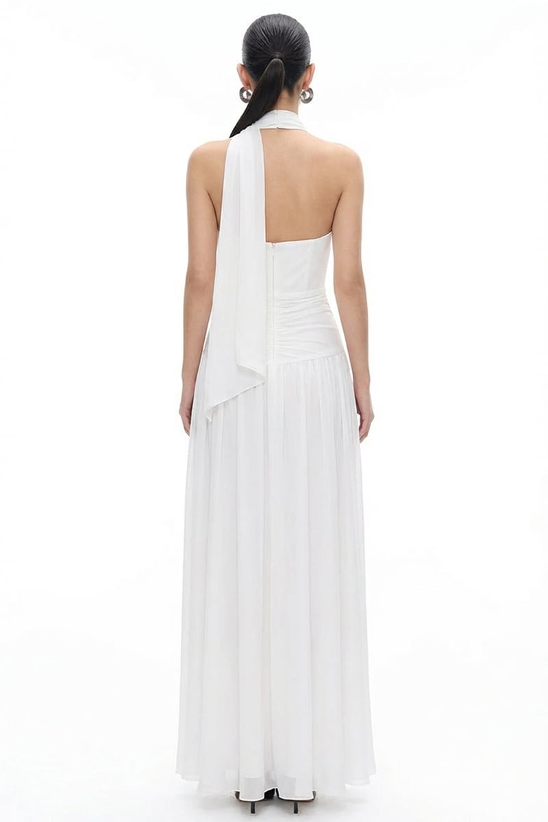 Evianna Off White Silk Chiffon Gown | JewelClues