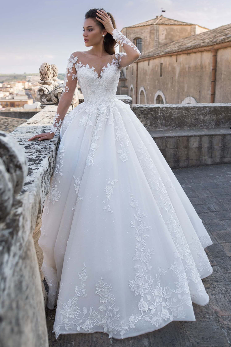 Fairytale Romance Lace Applique A-line Wedding Dress | Jewelclues | #color_white