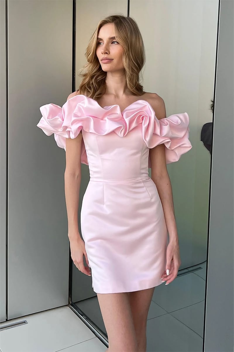 Fleurette Satin Ruffle Strapless Mini Dress | Jewelclues #color_pink