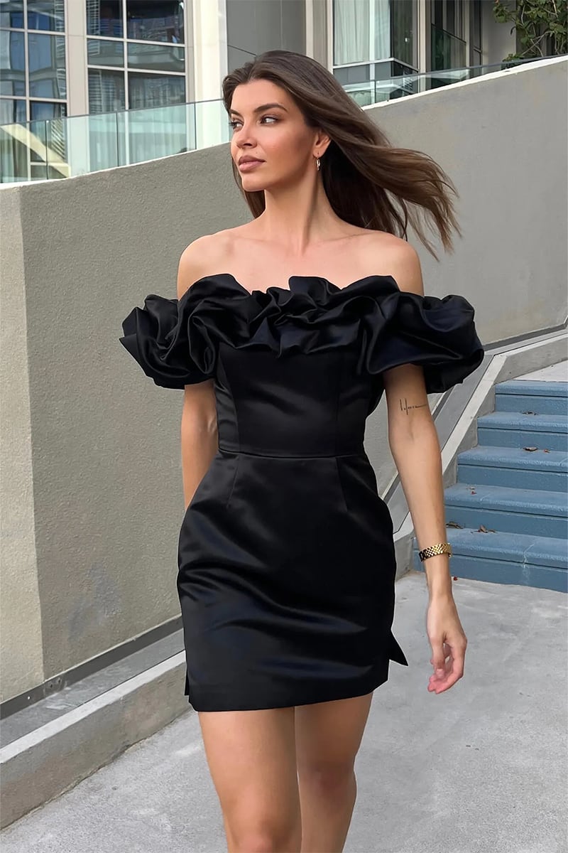 Fleurette Satin Ruffle Strapless Mini Dress | Jewelclues #color_black