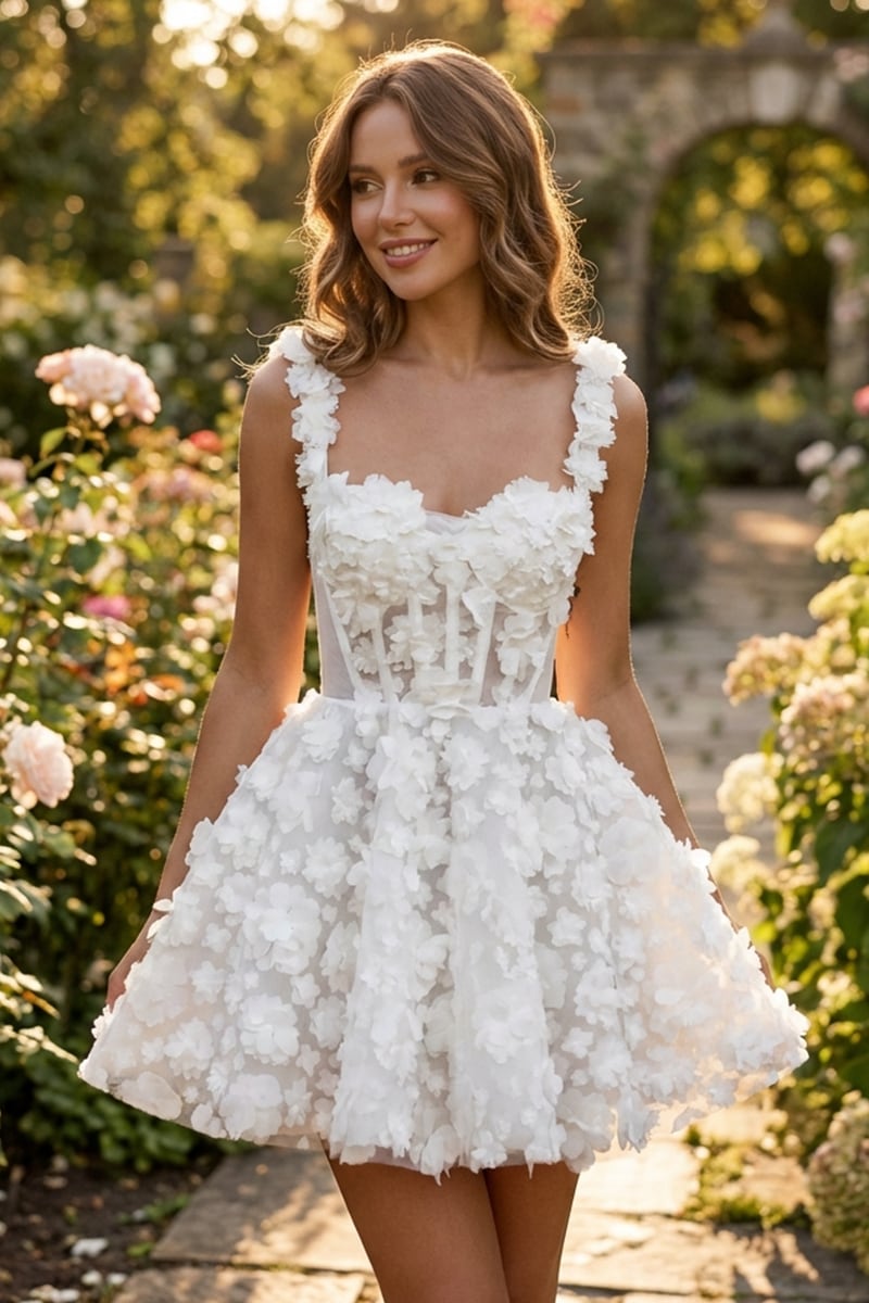 floral applique evening dress Short Floral Appliqué Wedding Dress with Corset Bodice and Straps – Br –  WonderlandByLilian