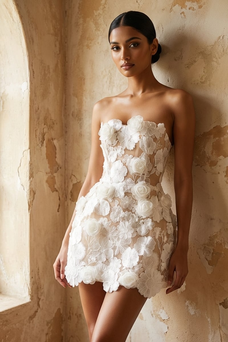 Florence Floral-Appliqué Strapless Mini Dress | JewelClues