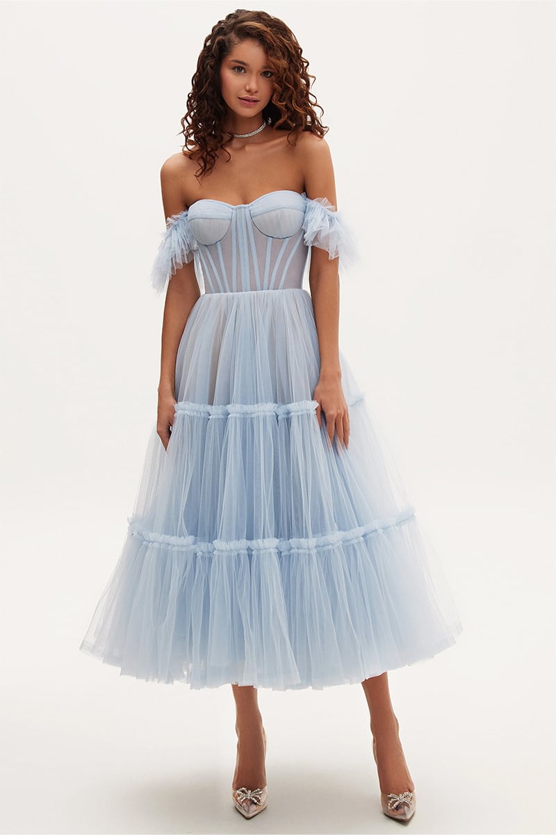 Geisha Bustier Tulle Midi Dress | Jewelclues | #color_light blue