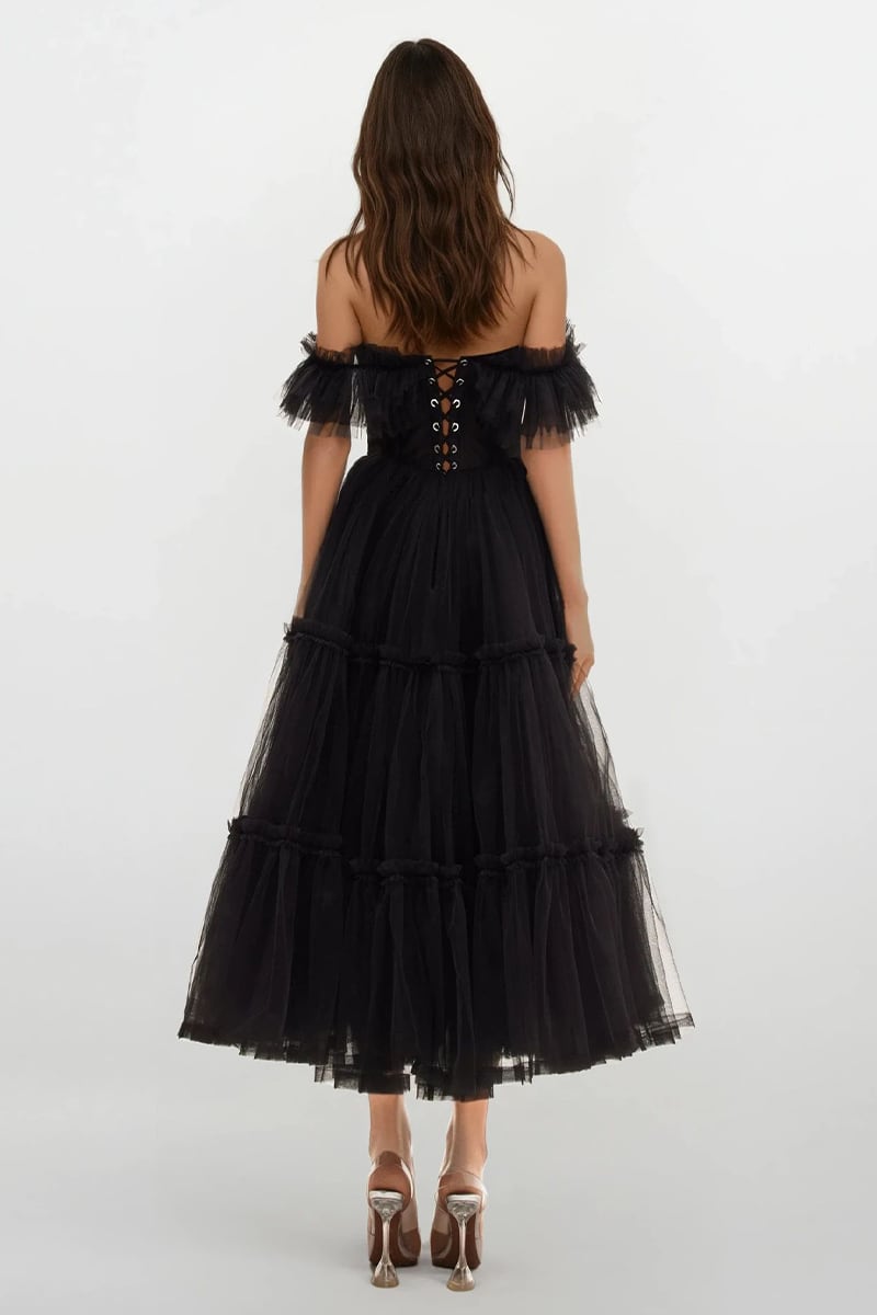 Geisha Bustier Tulle Midi Dress | Jewelclues | #color_black