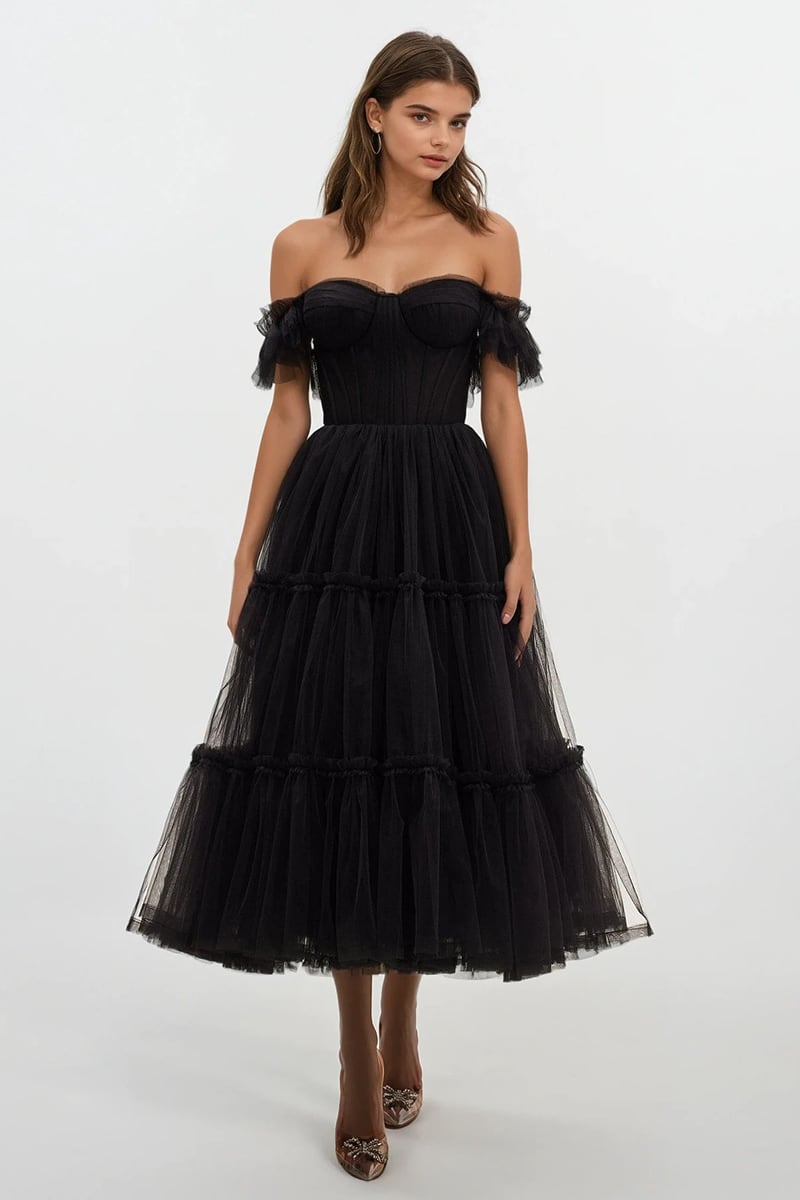 Geisha Bustier Tulle Midi Dress | Jewelclues | #color_black