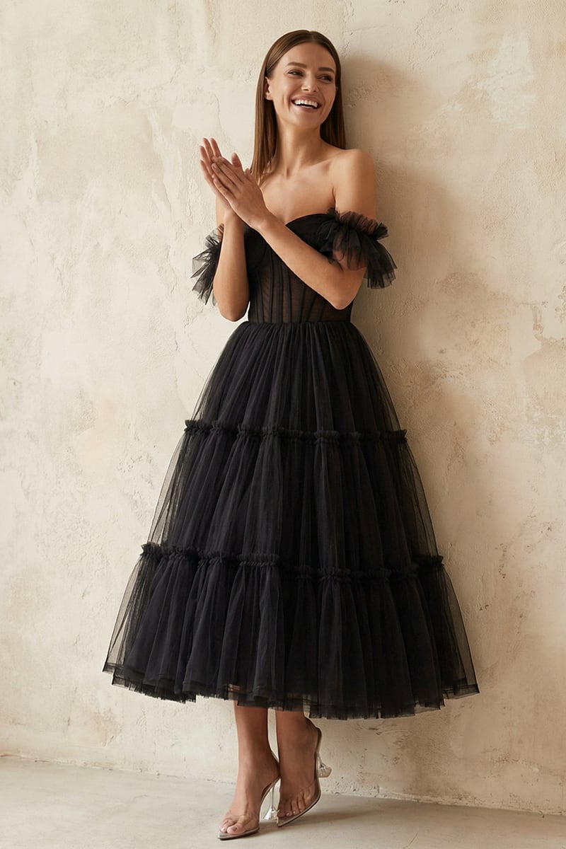 Geisha Ruffled Tulle Midi Dress | JewelClues #color_black