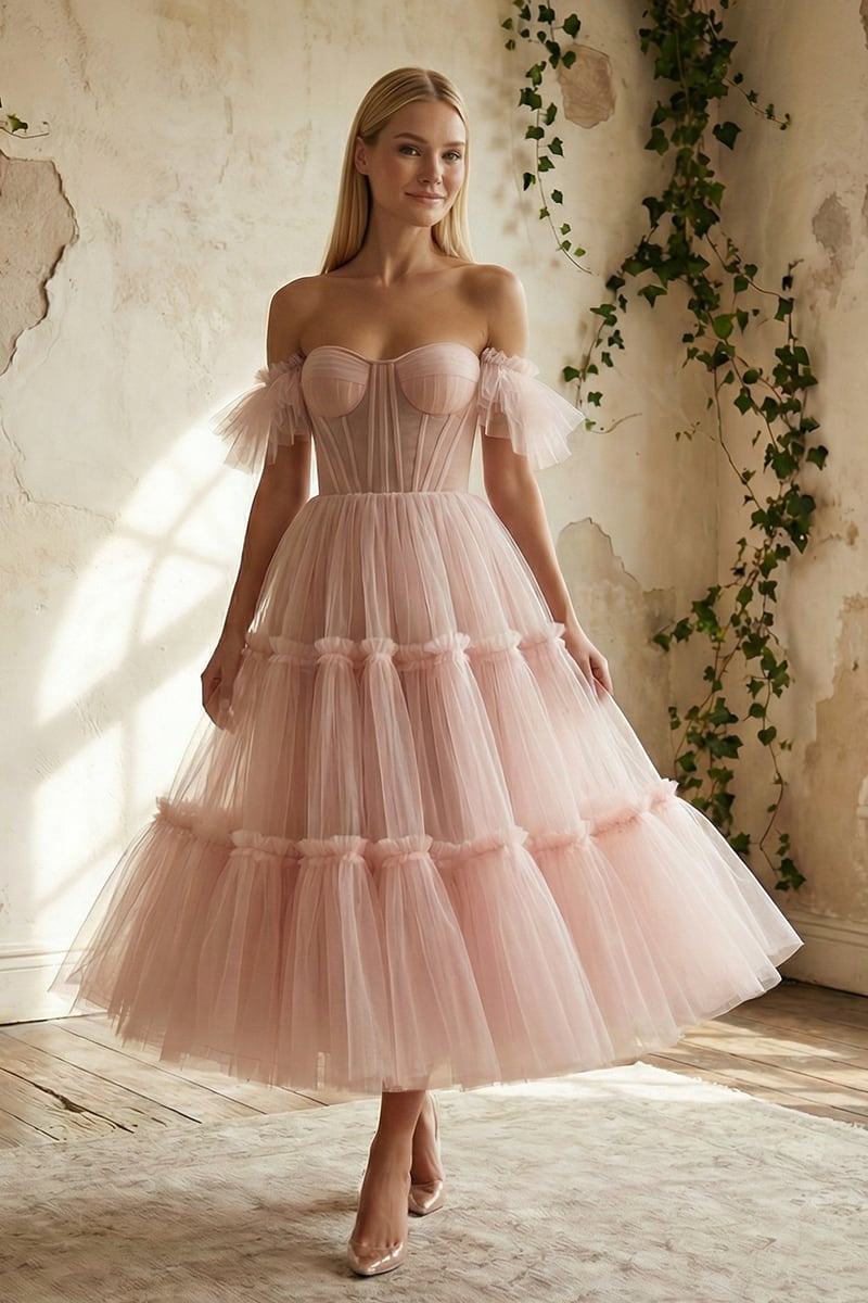 Geisha Ruffled Tulle Midi Dress | JewelClues #color_blush