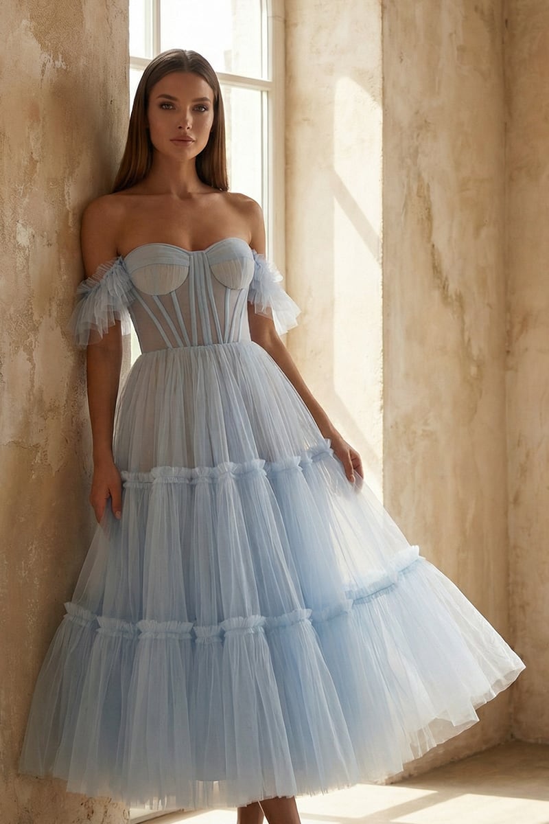 Geisha Ruffled Tulle Midi Dress | JewelClues #color_light blue