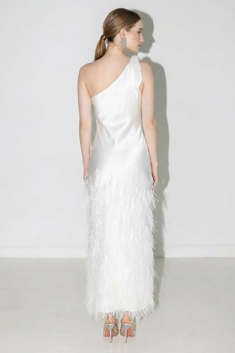 Grace One-Shoulder Feathered Gown | Jewelclues #color_ivory
