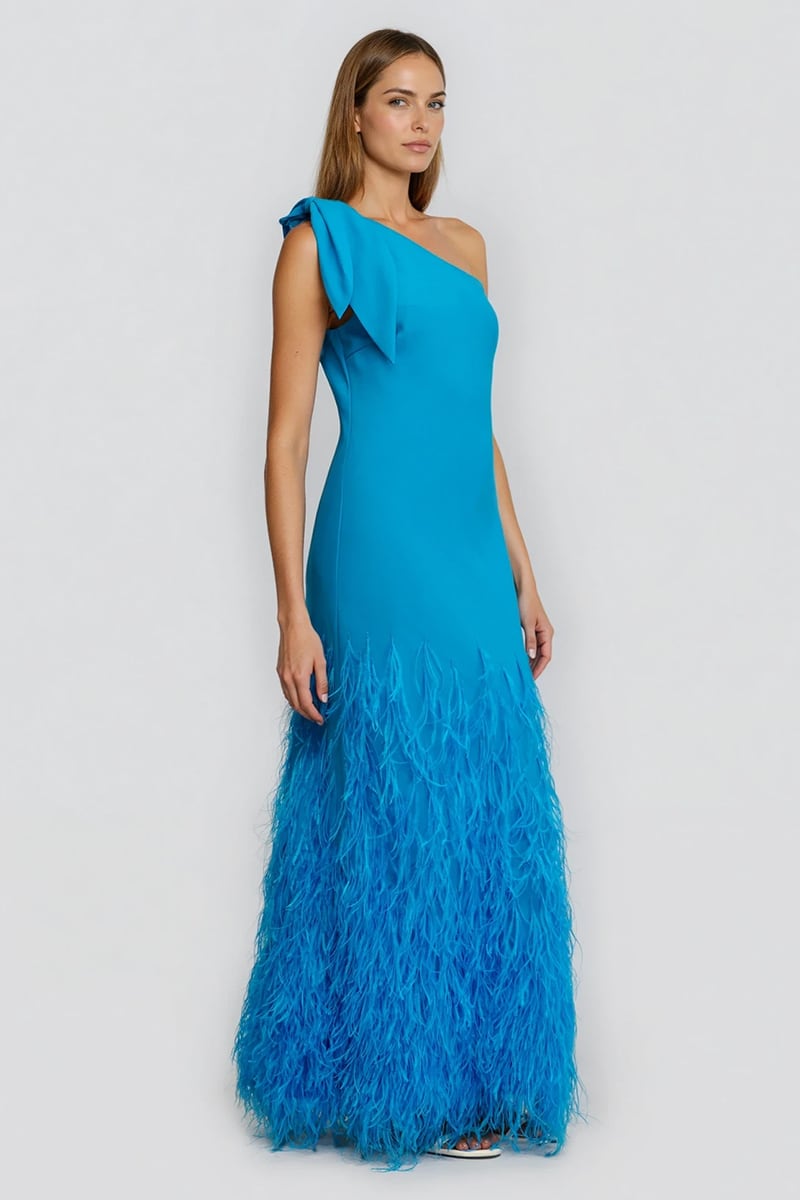 Grace One-Shoulder Feathered Gown | Jewelclues #color_blue