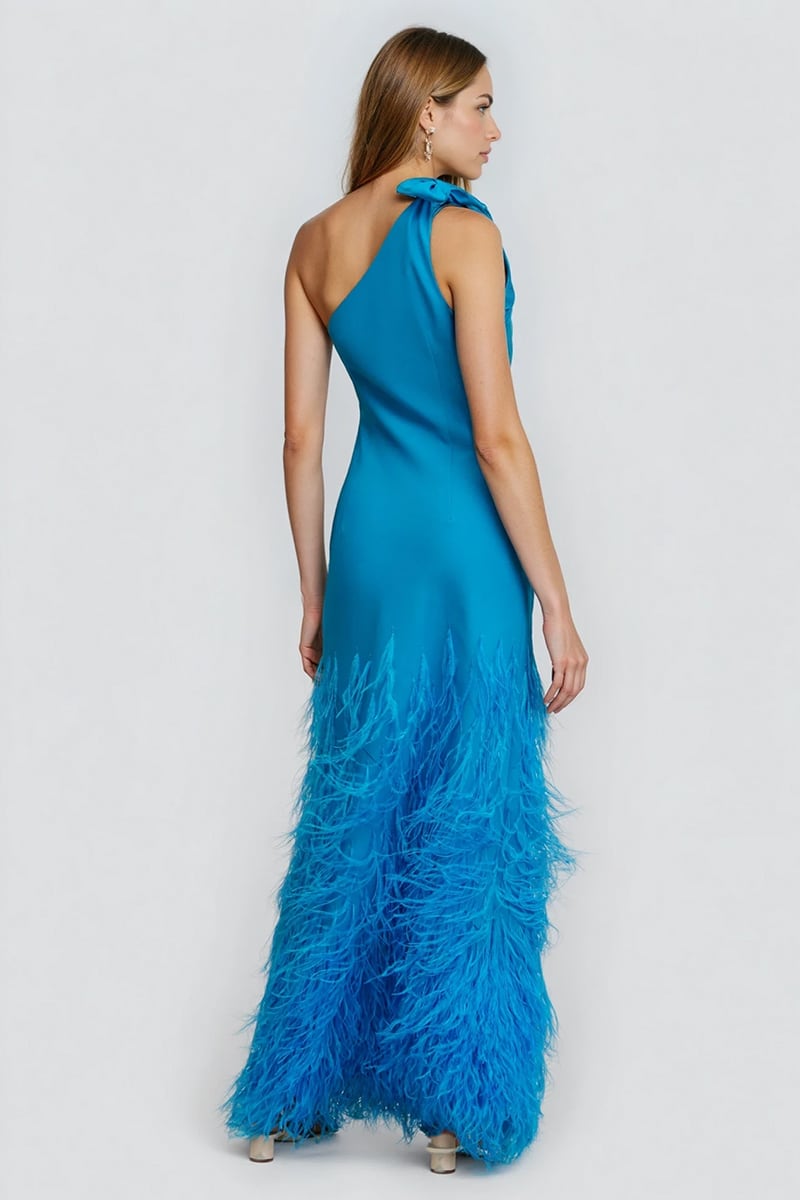 Grace One-Shoulder Feathered Gown | Jewelclues #color_blue