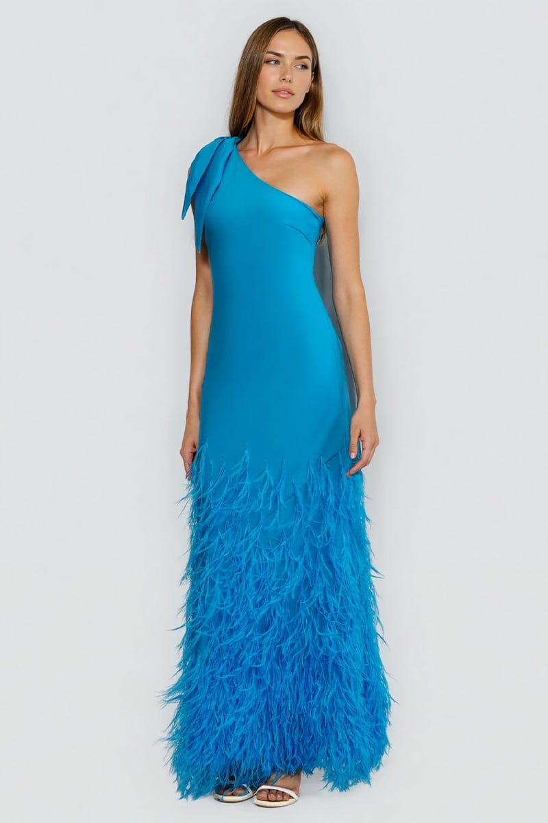 Grace One-Shoulder Feathered Gown | Jewelclues #color_blue