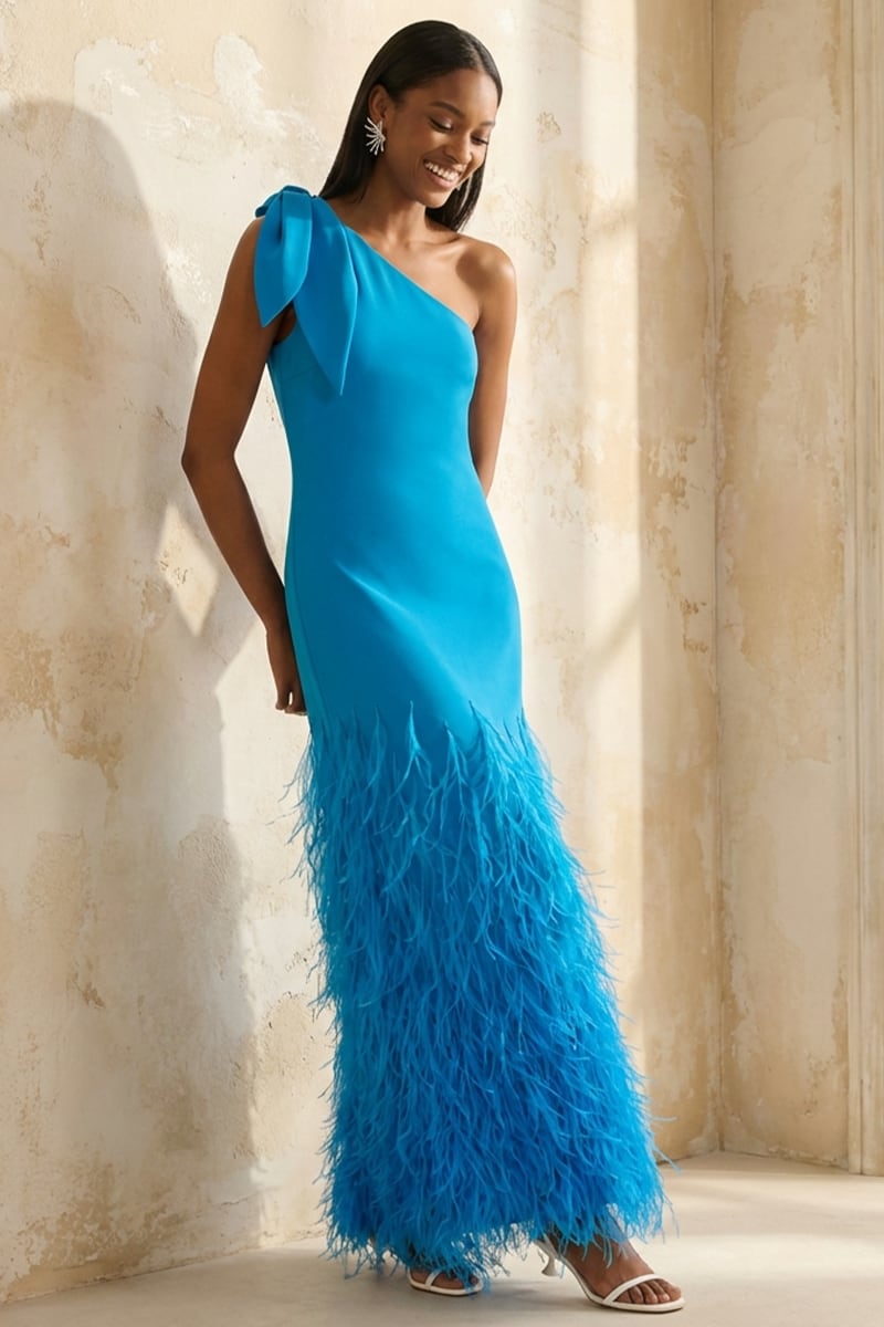 Grace One-Shoulder Feathered Gown | Jewelclues #color_blue