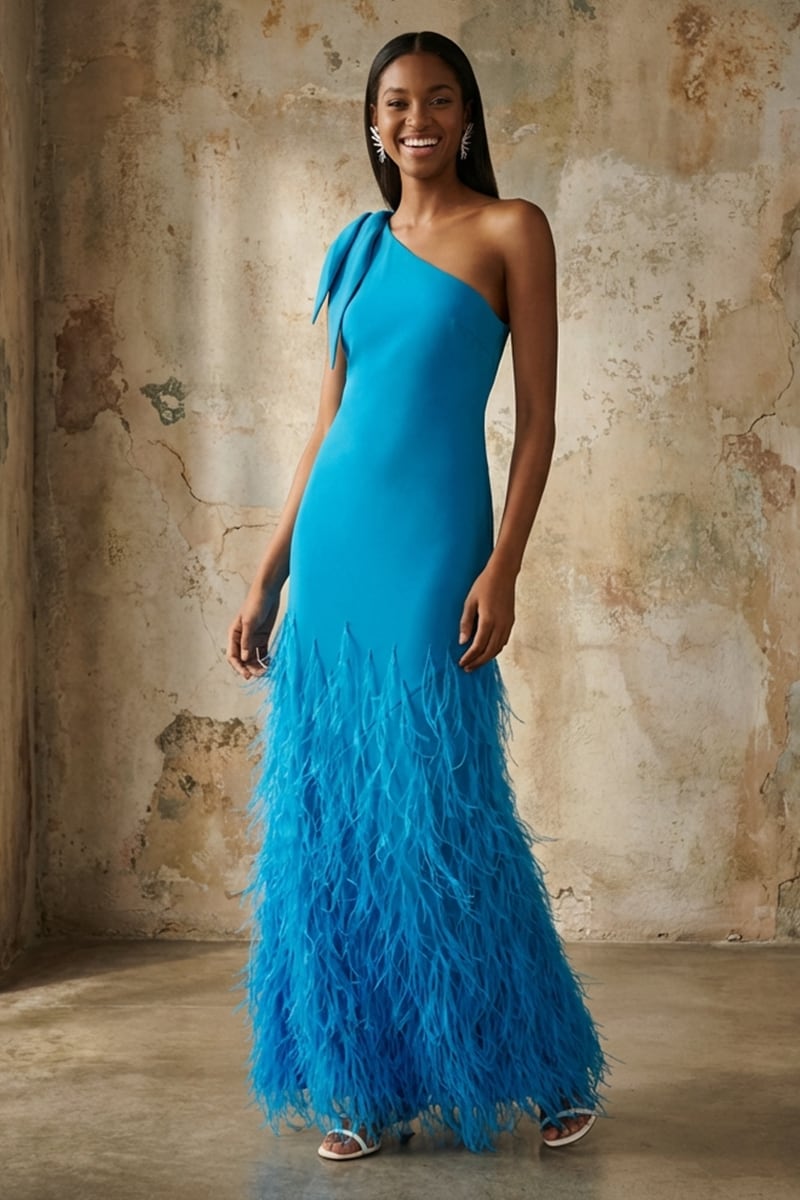 Grace One-Shoulder Feathered Gown | Jewelclues #color_blue