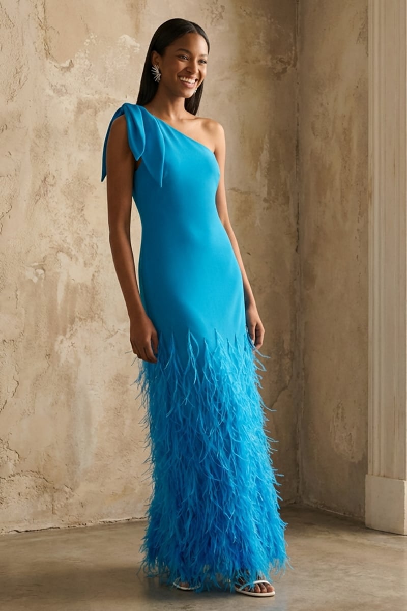 Grace One-Shoulder Feathered Gown | Jewelclues #color_blue