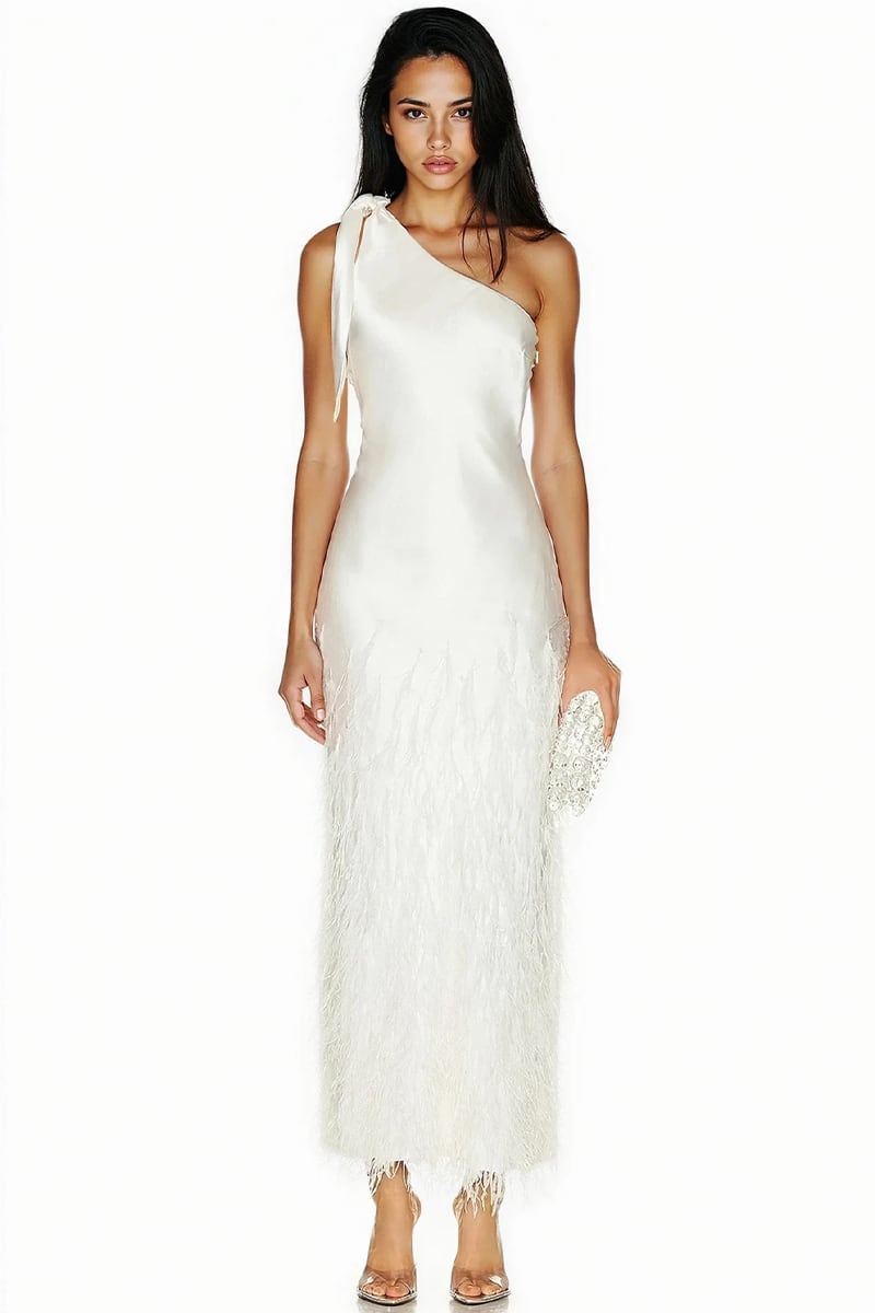 Grace One-Shoulder Feathered Gown | Jewelclues #color_ivory