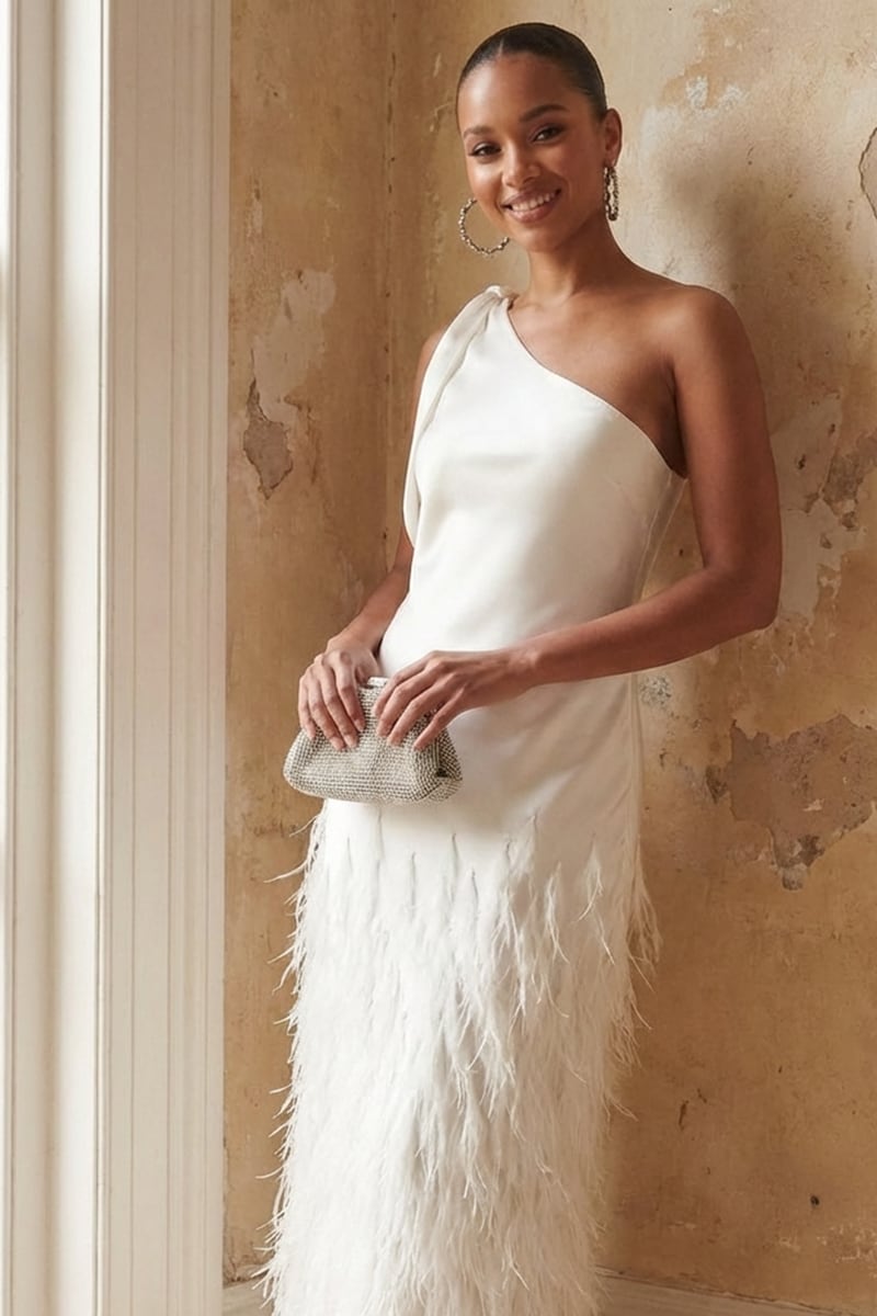Grace One-Shoulder Feathered Gown | Jewelclues #color_ivory