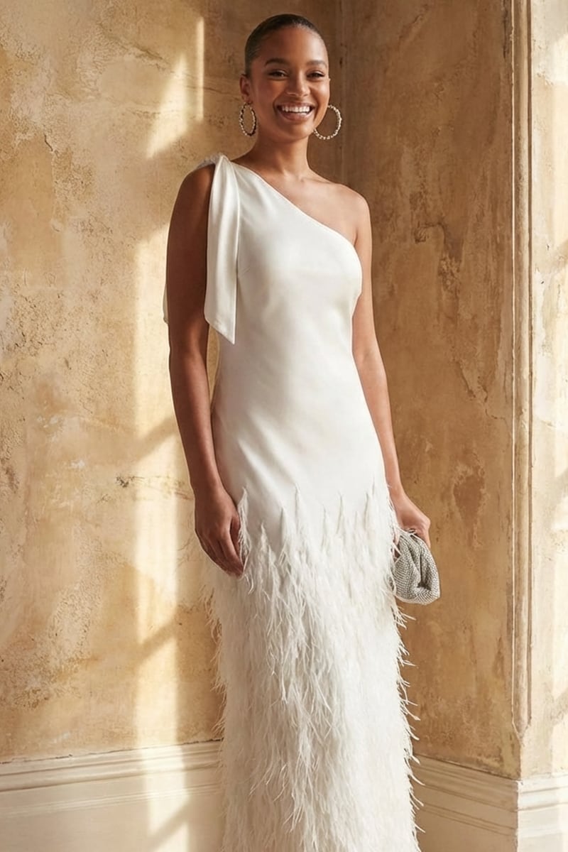 Grace One-Shoulder Feathered Gown | Jewelclues #color_ivory