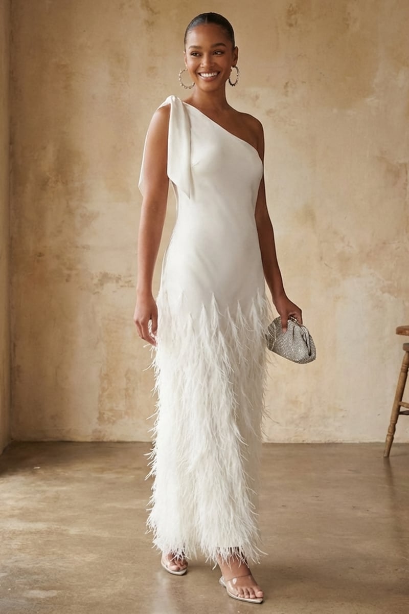 Grace One-Shoulder Feathered Gown | Jewelclues #color_ivory
