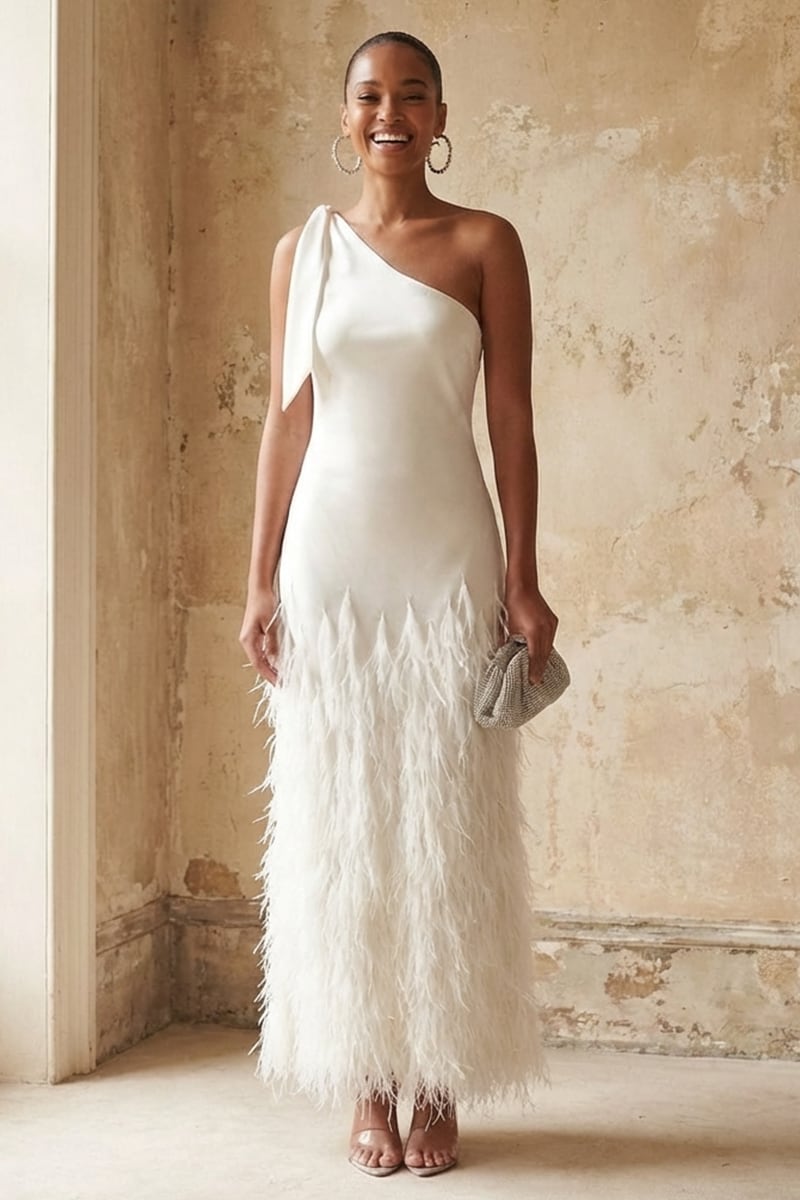 Grace One-Shoulder Feathered Gown | Jewelclues #color_ivory