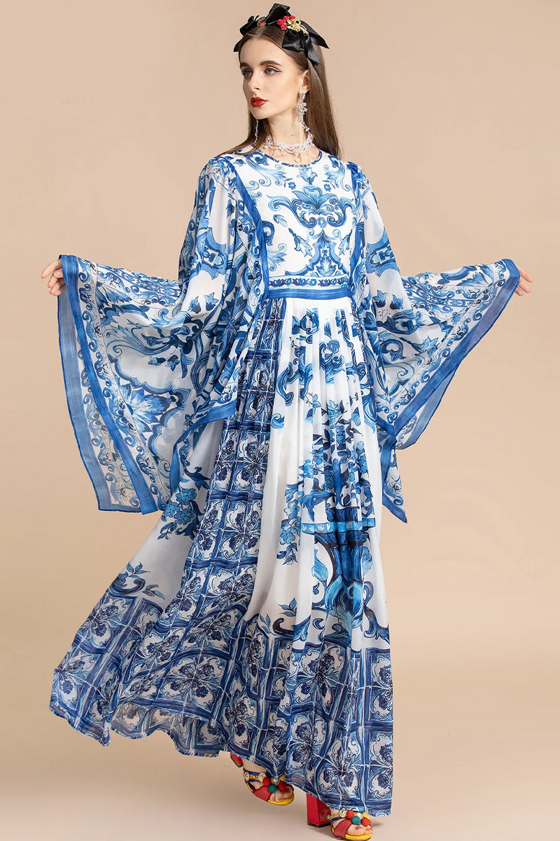 Holiday Glam Mediterraneo Print Kimono-Sleeve Maxi Dress | Jewelclues