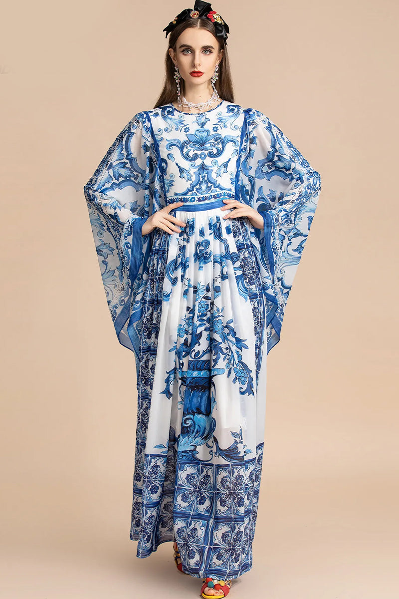 Holiday Glam Mediterraneo Print Kimono-Sleeve Maxi Dress | Jewelclues