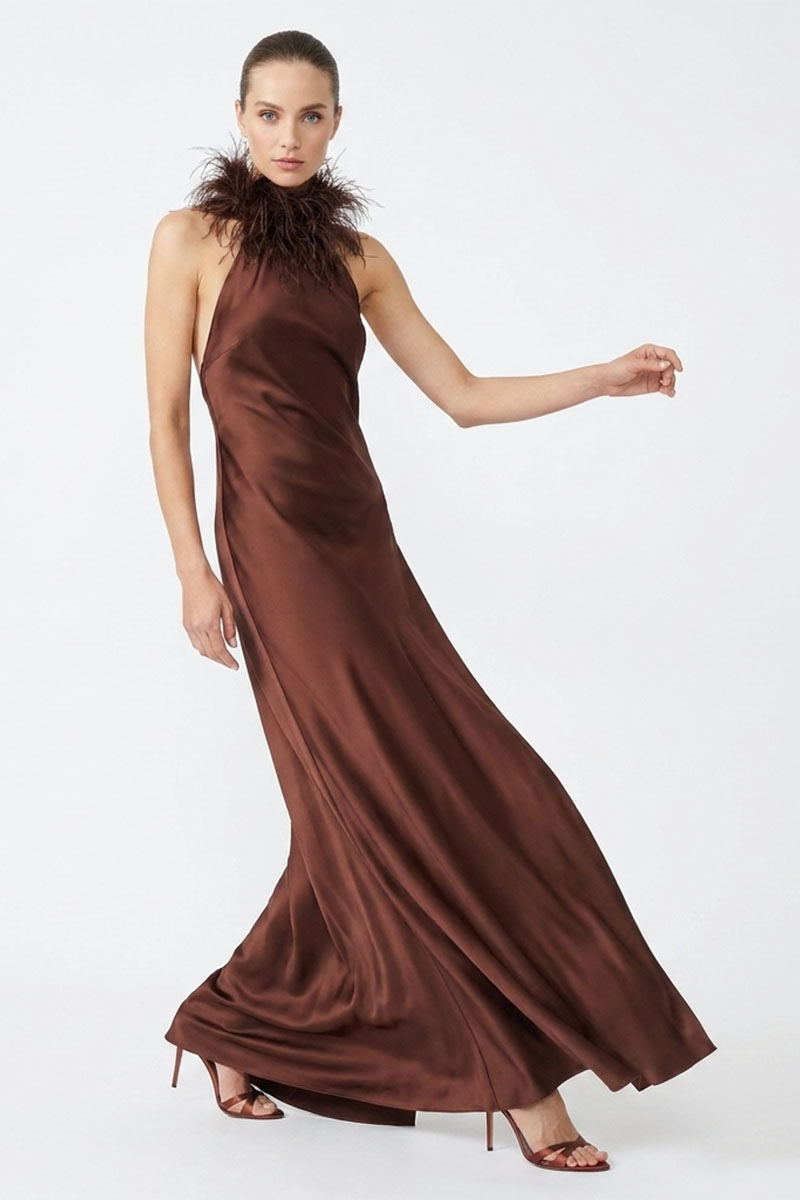 Isabelle Silk Feather-Neck Gown | JewelClues