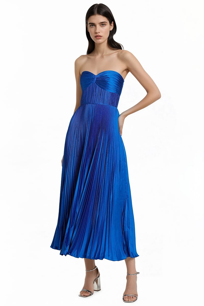 Isla Pleated Tea-Length Dress | Jewelclues #color_blue
