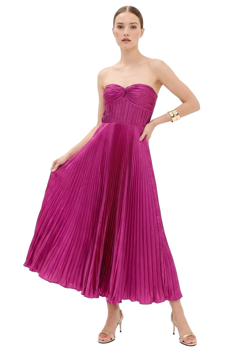 Isla Pleated Tea-Length Dress | Jewelclues #color_fuchsia