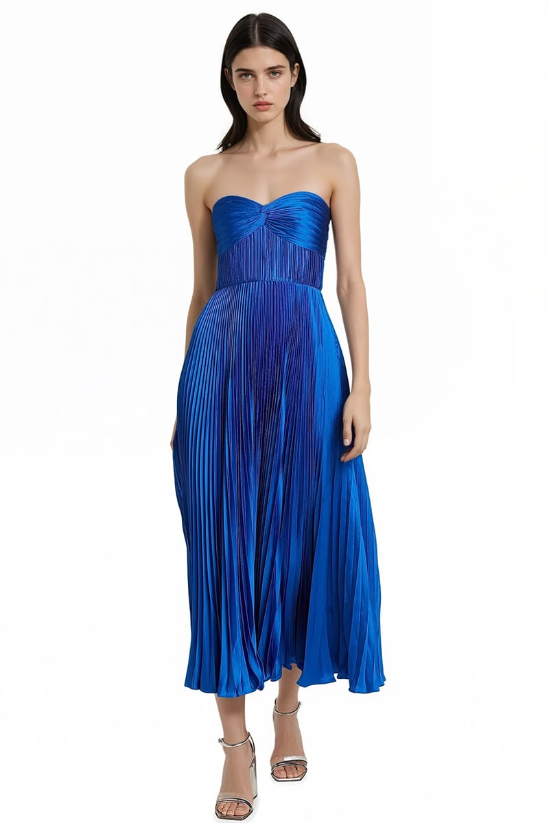 Isla Pleated Tea-Length Dress | Jewelclues #color_blue