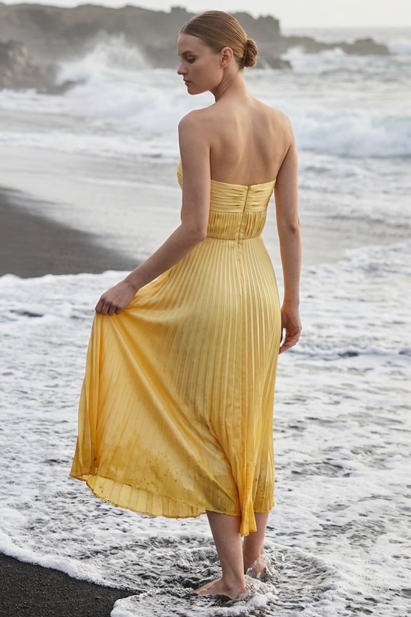 Isla Pleated Tea-Length Dress | Jewelclues #color_buttermilk