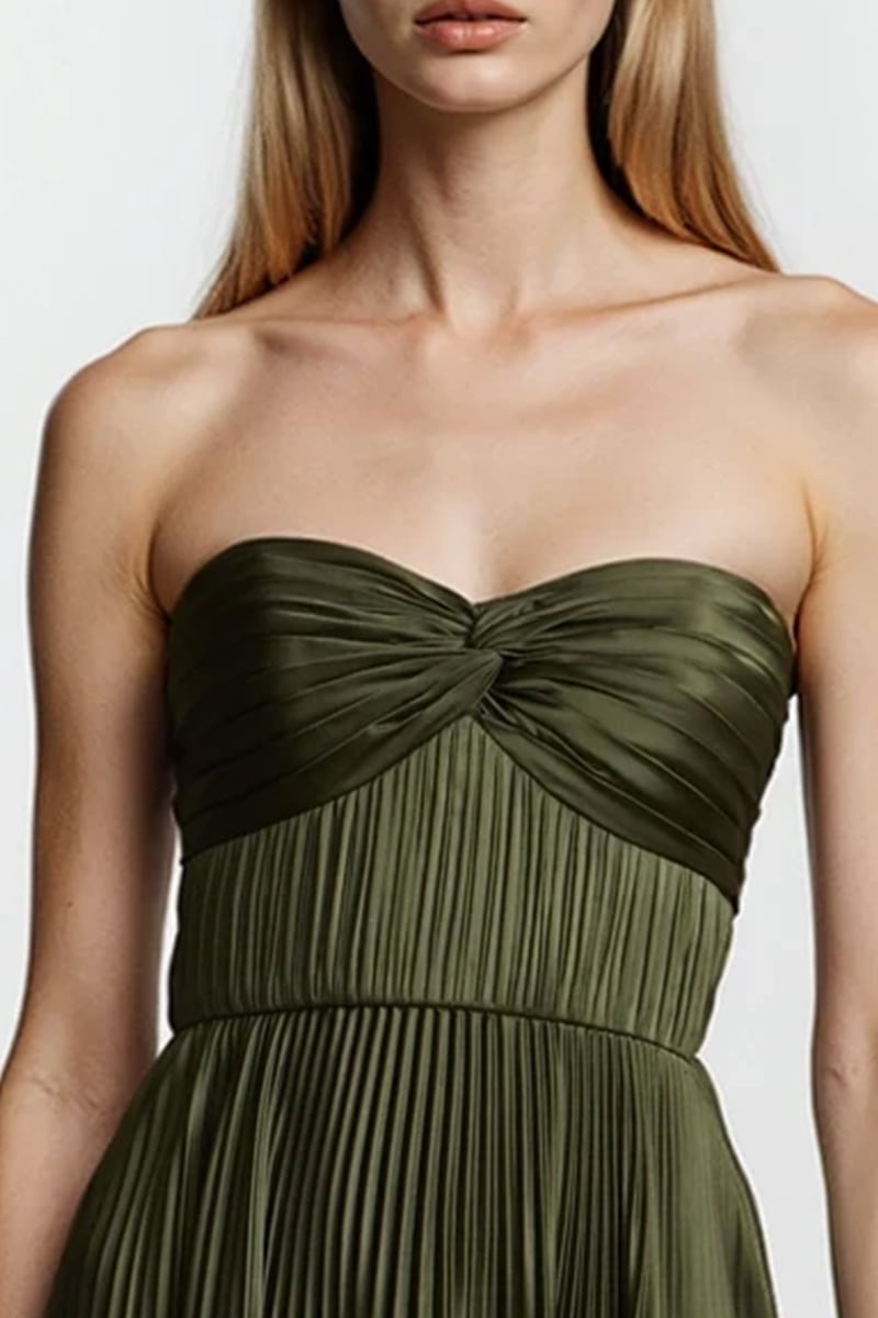 Isla Pleated Tea-Length Dress | Jewelclues #color_olive green