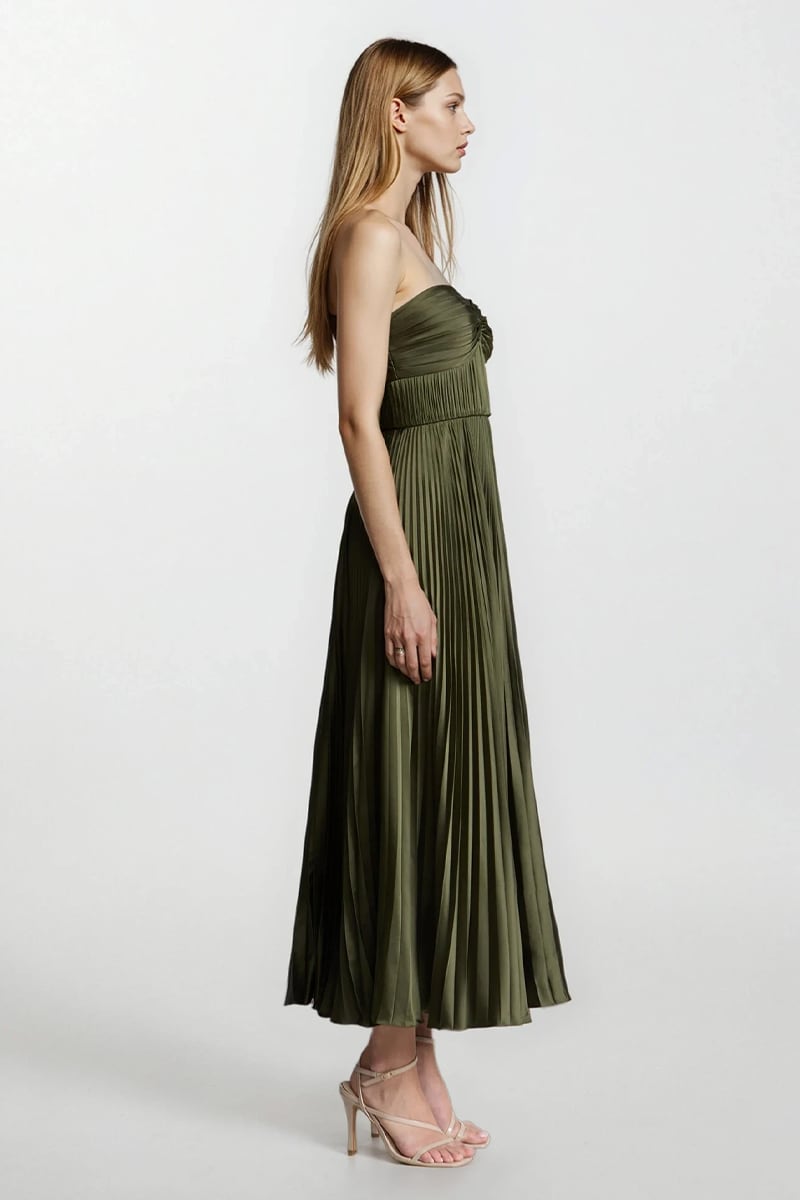 Isla Pleated Tea-Length Dress | Jewelclues #color_olive green