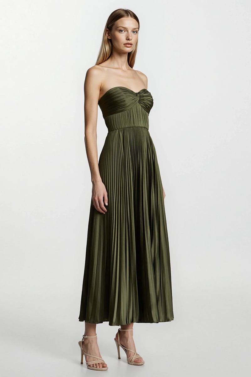 Isla Pleated Tea-Length Dress | Jewelclues #color_olive green