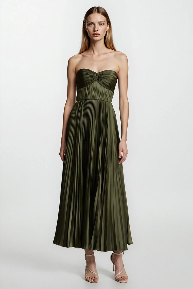 Isla Pleated Tea-Length Dress | Jewelclues #color_olive green