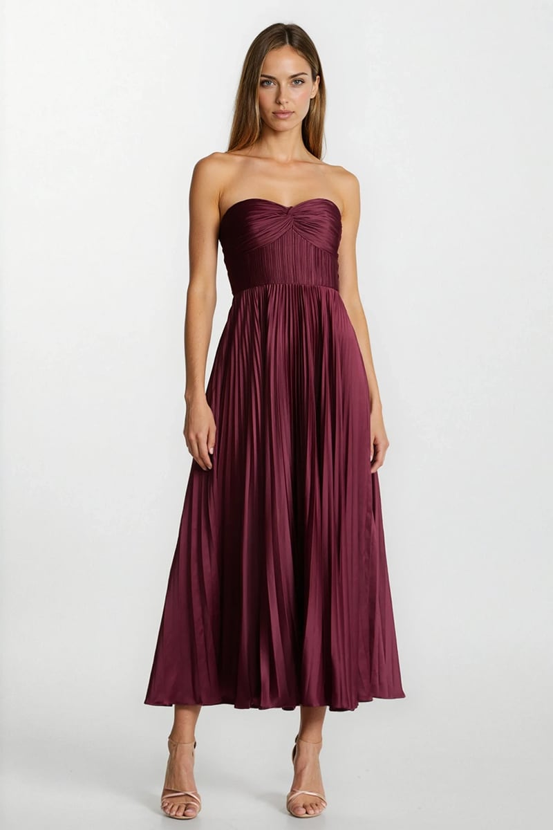 Isla Pleated Tea-Length Dress | Jewelclues #color_claret