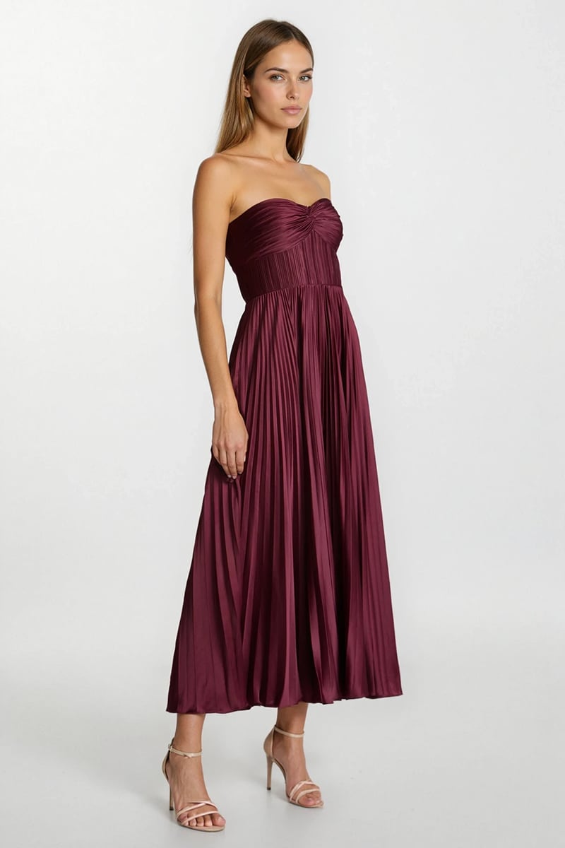 Isla Pleated Tea-Length Dress | Jewelclues #color_claret