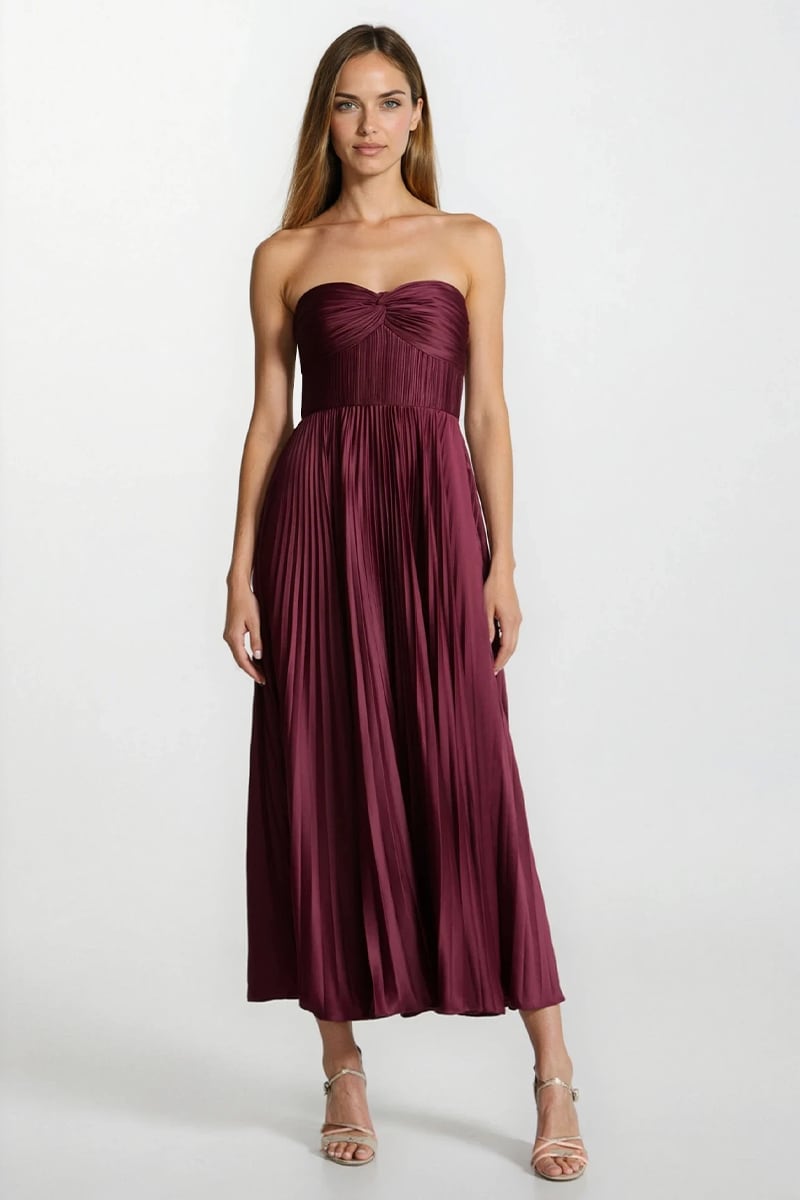 Isla Pleated Tea-Length Dress | Jewelclues #color_claret