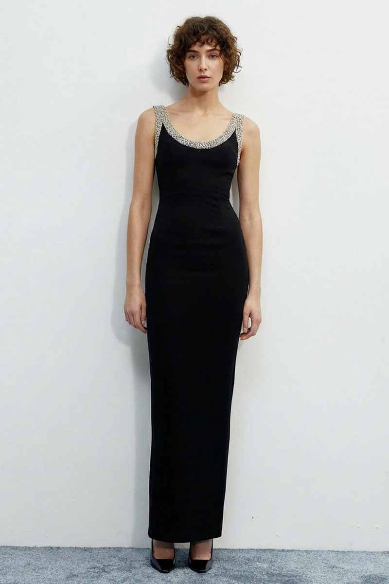 black embellished bodycon dress Violet Black Embellished Overlay Maxi Dress, L / Black