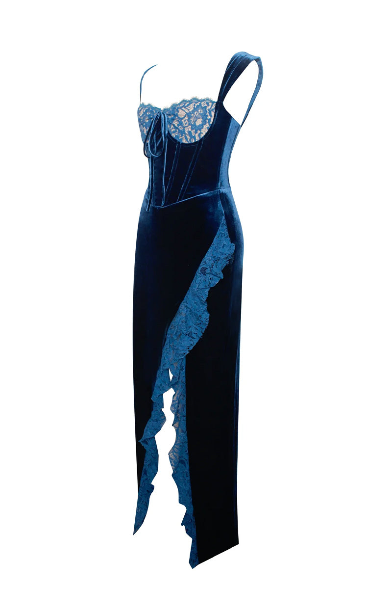 Issa Blue Lace Velvet Maxi Dress | Jewelclues