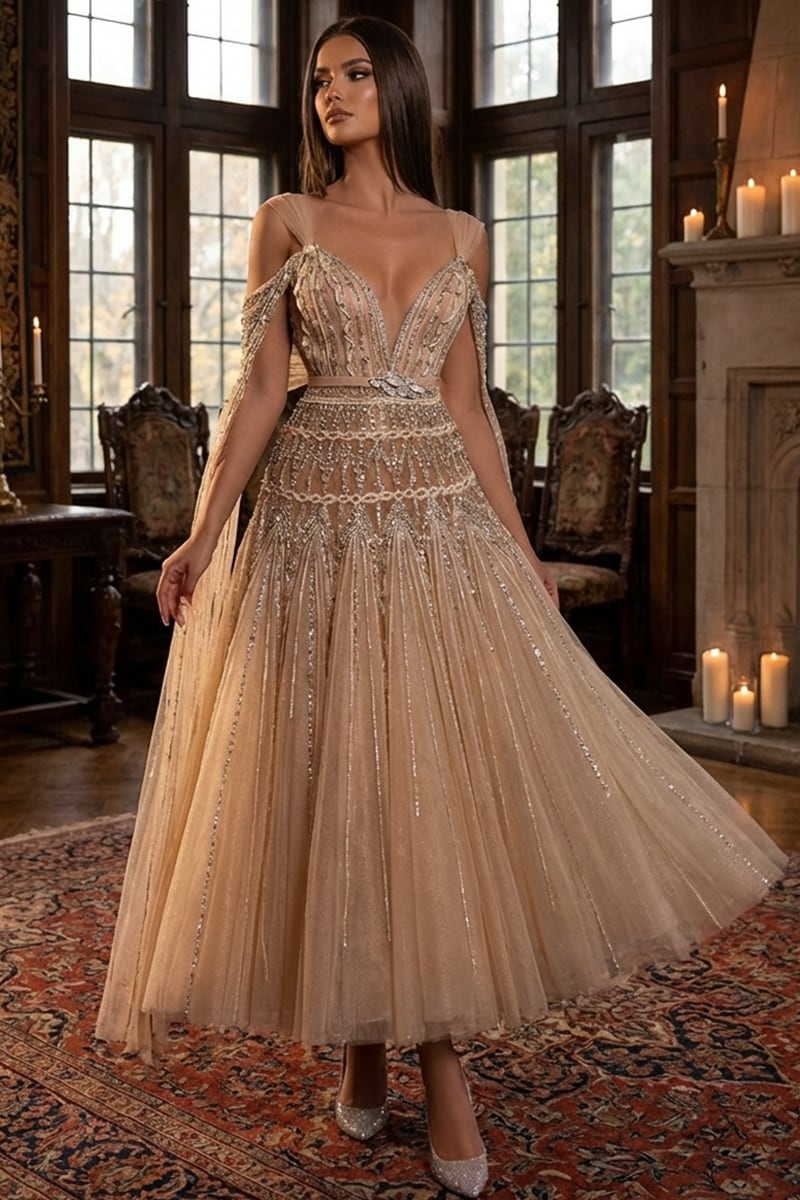 Jasmin Bead-Embellished Tulle Midi Dress | Jewelclues